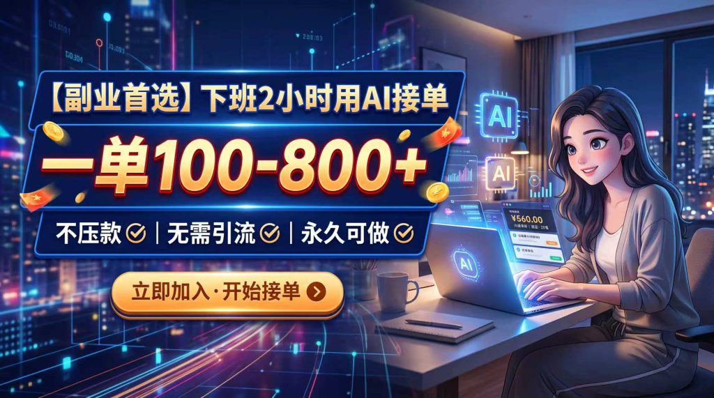 下班2小时用AI接单，一单100-800+，不压款，无需引流，永久可做-副业网创