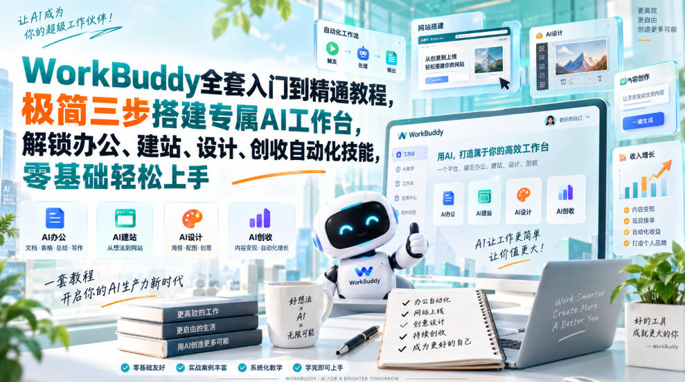 WorkBuddy全套入门到精通教程,极简三步搭建专属AI工作台,解锁办公、建站、设计、创收自动化技能,零基础轻松上手-副业网创