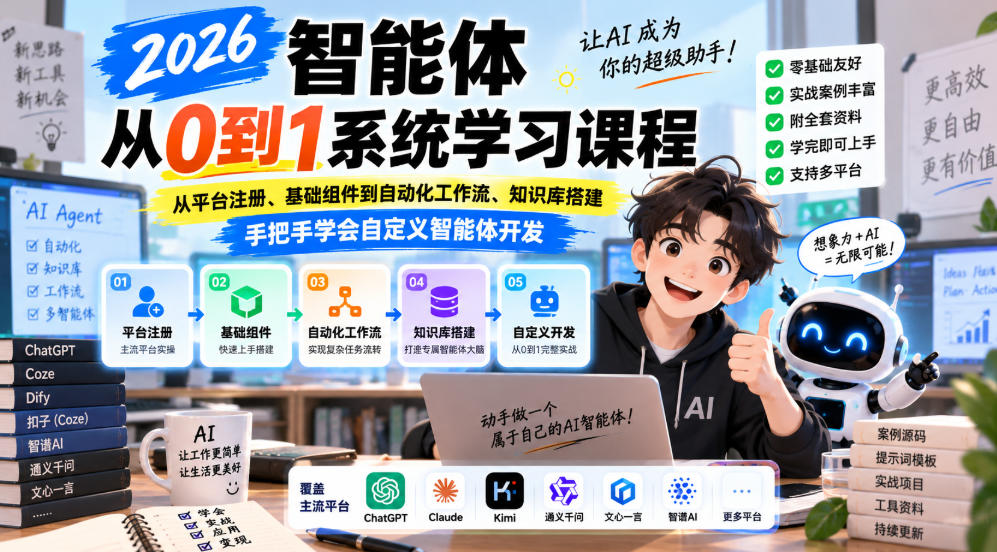 2026智能体从0到1系统学习课程,从平台注册、基础组件到自动化工作流、知识库搭建,手把手学会自定义智能体开发-副业网创