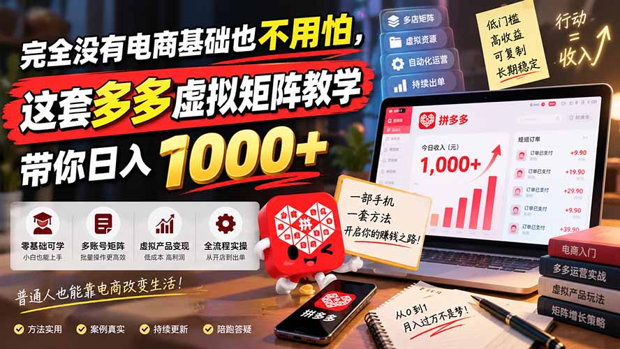 完全没有电商基础也不用怕,这套多多虚拟矩阵教学带你日入 1000+-副业网创