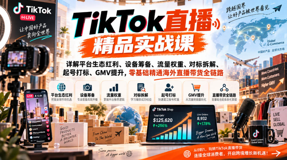 TikTok直播精品实战课，详解平台生态红利、设备筹备、流量权重、对标拆解、起号打标、GMV提升，零基础精通海外直播带货全链路-副业网创