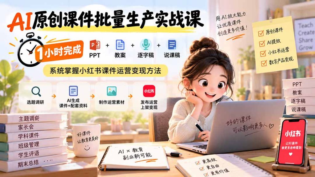 AI原创课件批量生产实战课:1小时完成PPT+教案+逐字稿+说课稿,系统掌握小红书课件运营变现方法-副业网创