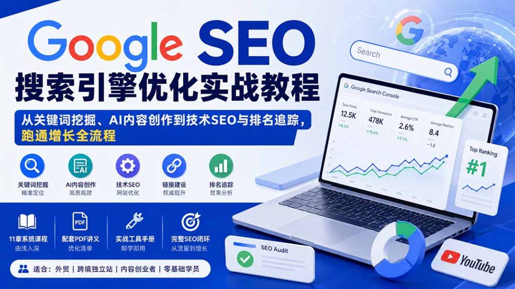 Google SEO搜索引擎优化实战教程：从关键词挖掘、AI内容创作到技术SEO与排名追踪，跑通增长全流程-副业网创