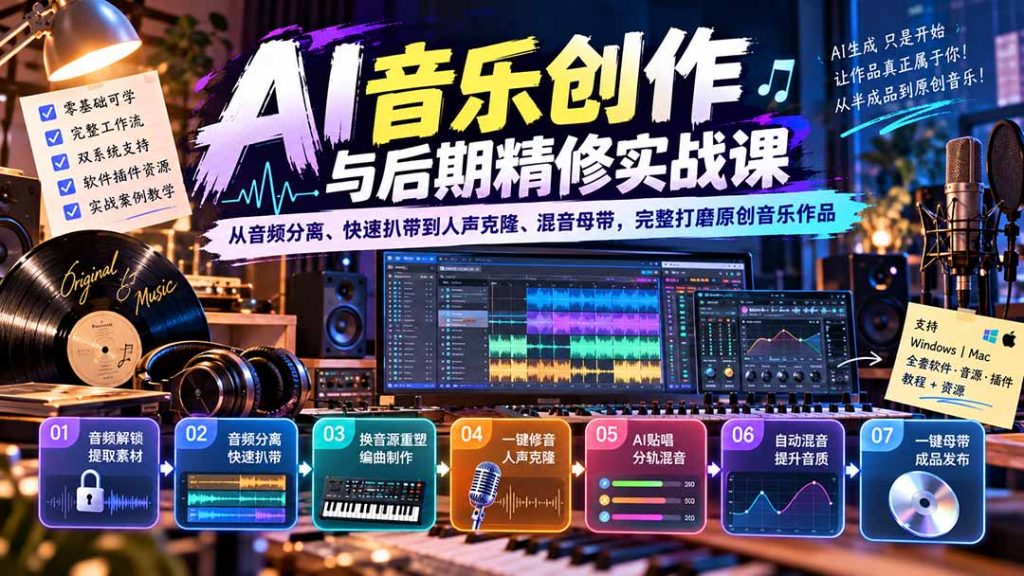 AI音乐创作与后期精修实战课：从音频分离、快速扒带到人声克隆、混音母带，完整打磨原创音乐作品-副业网创