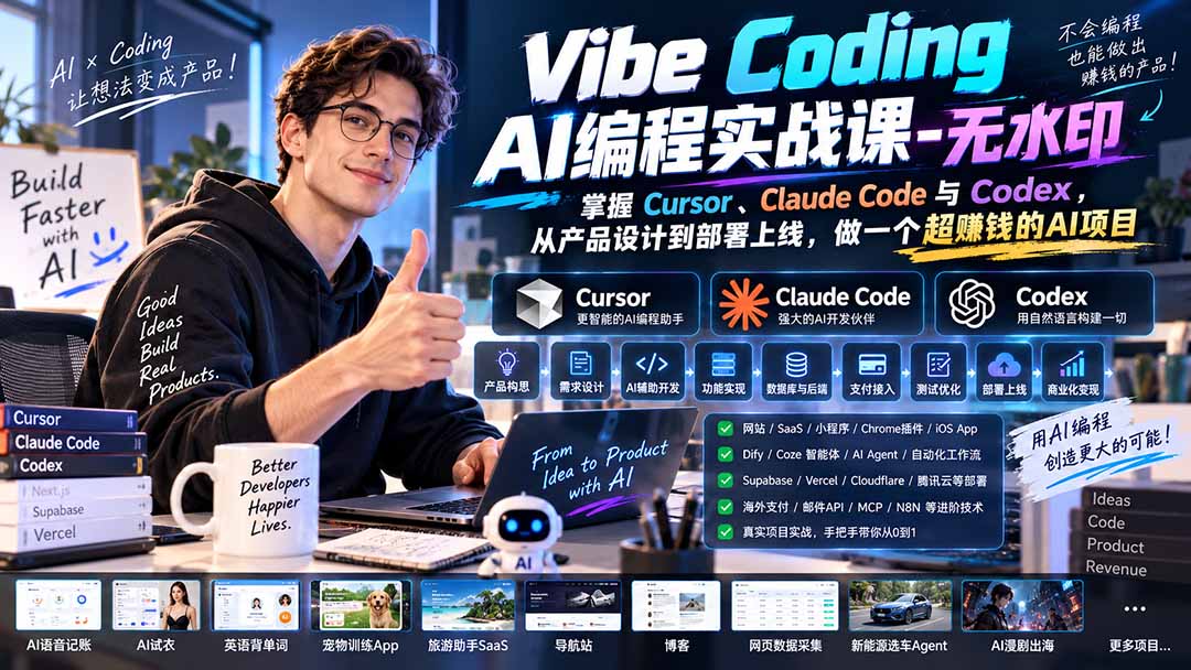 Vibe Coding AI编程实战课-无水印:掌握Cursor、Claude Code与Codex,从产品设计到部署上线,做一个超赚钱的AI项目-副业网创