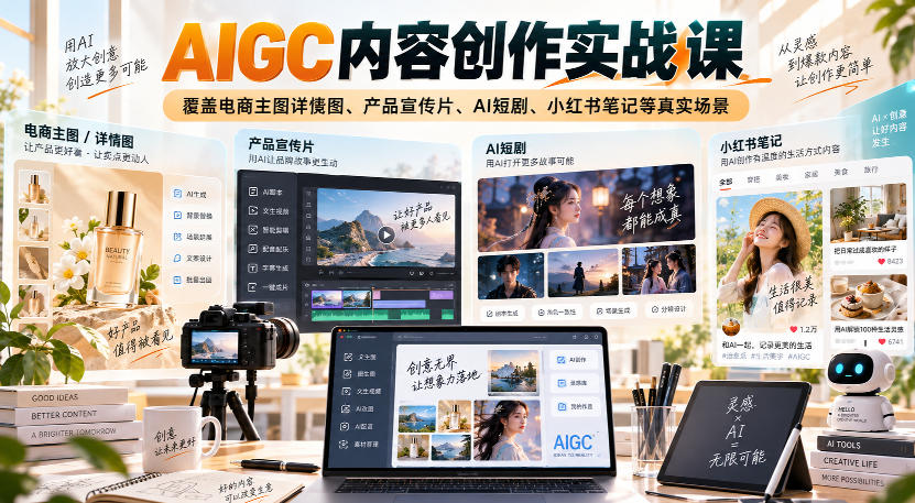 AIGC内容创作实战课,覆盖电商主图详情图、产品宣传片、AI短剧、小红书笔记等真实场景-副业网创