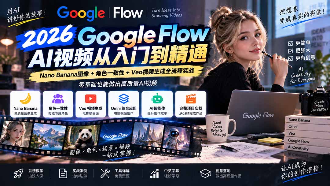 【无水印】Google Flow AI视频从入门到精通：Nano Banana图像+角色一致性+Veo视频生成全流程实战-精翻中英字幕-副业网创