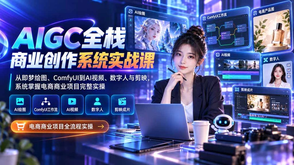 AIGC全栈商业创作系统实战课:从即梦绘图、ComfyUI到AI视频、数字人与剪映,系统掌握电商商业项目完整实操-副业网创