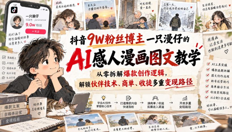 抖音9W粉丝博主一只漫仔的AI感人漫画图文教学,从零拆解爆款创作逻辑,解锁伙伴技术、商单、收徒多重变现路径-副业网创