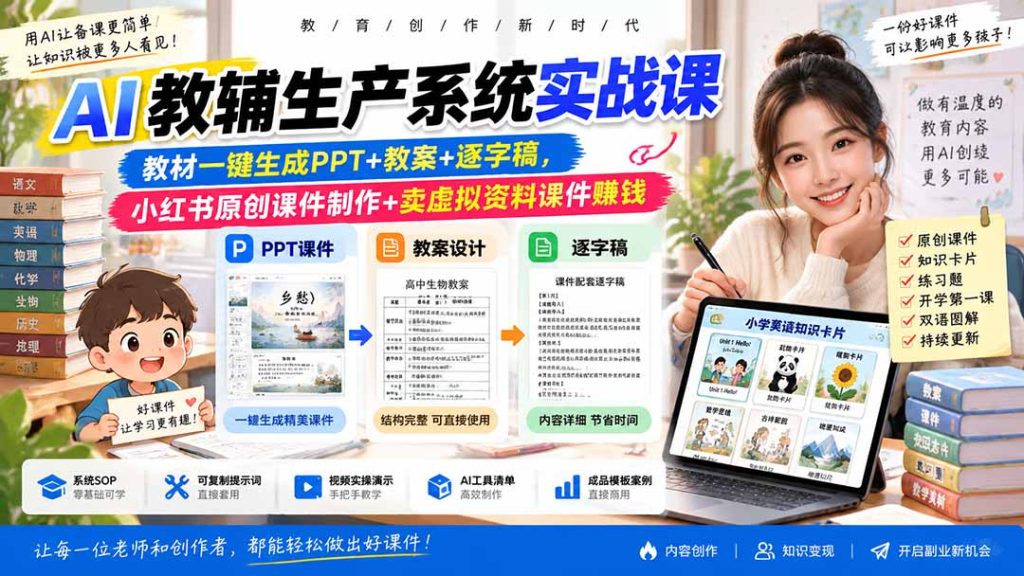 AI教辅生产系统实战课｜教材一键生成PPT+教案+逐字稿，小红书原创课件制作+卖虚拟资料课件赚钱-副业网创