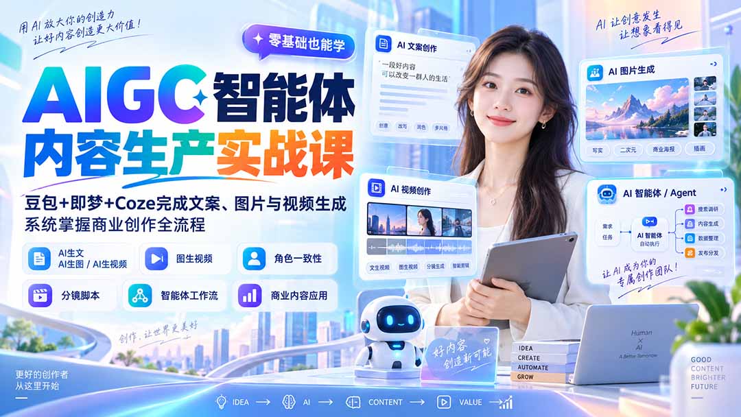 AIGC智能体内容生产实战课：豆包+即梦+Coze完成文案、图片与视频生成，系统掌握商业创作全流程-副业网创