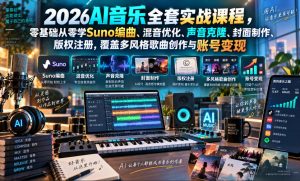 2026AI音乐实战课程,零基础从零学Suno编曲、混音优化、声音克隆、版权注册,覆盖多风格歌曲创作与账号变现-副业网创