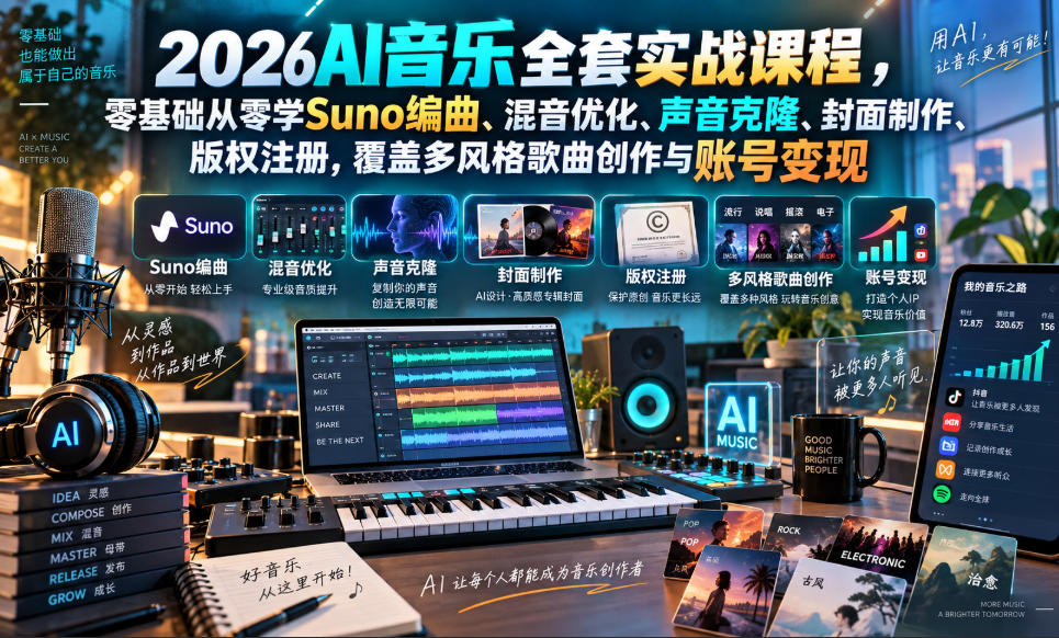 2026AI音乐实战课程，零基础从零学Suno编曲、混音优化、声音克隆、版权注册，覆盖多风格歌曲创作与账号变现-副业网创