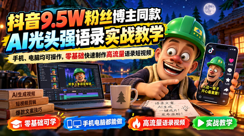 抖音9.5W粉丝博主同款AI光头强语录实战教学，手机、电脑均可操作，零基础快速制作高流量语录短视频-副业网创