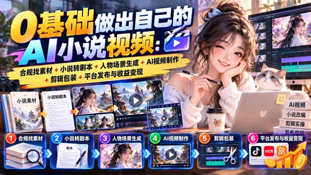 0基础做出自己的AI小说视频：合规找素材+小说转剧本+人物场景生成+AI视频制作+剪辑包装+平台发布与收益变现-副业网创