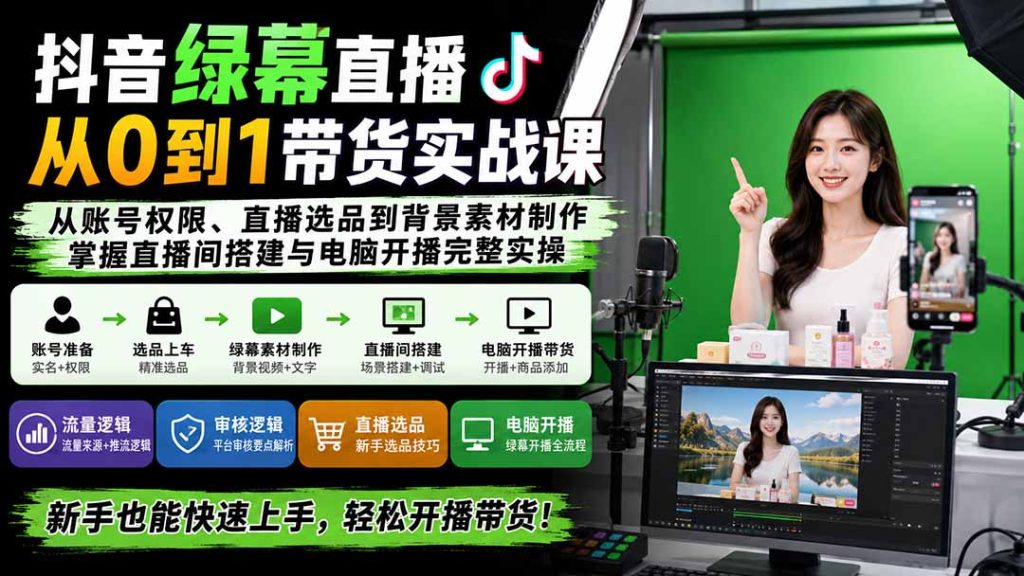 抖音绿幕直播从0到1带货实战课：从账号权限、直播选品到背景素材制作，掌握直播间搭建与电脑开播完整实操-副业网创