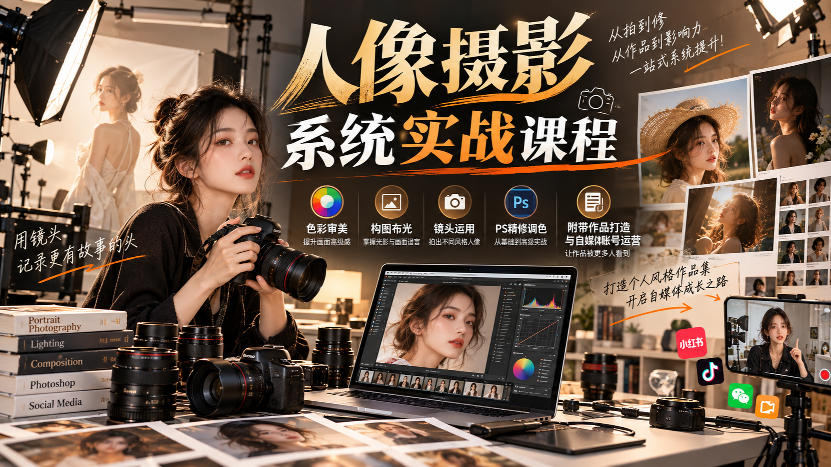 【无水印】人像摄影系统实战课程，色彩审美、构图布光、镜头运用、PS精修调色，附带作品打造与自媒体账号运营-副业网创