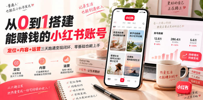 从0到1搭建能賺钱的小红书账号，定位+内容+运营三天跑通变现闭环-副业网创
