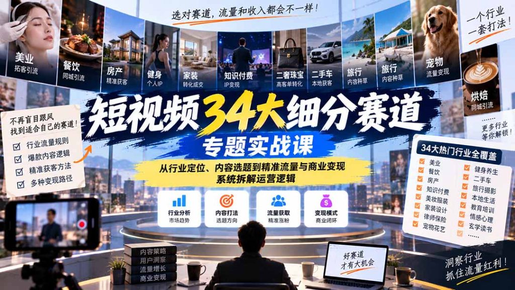 短视频34大细分赛道专题实战课：从行业定位、内容选题到精准流量与商业变现，系统拆解运营逻辑-副业网创
