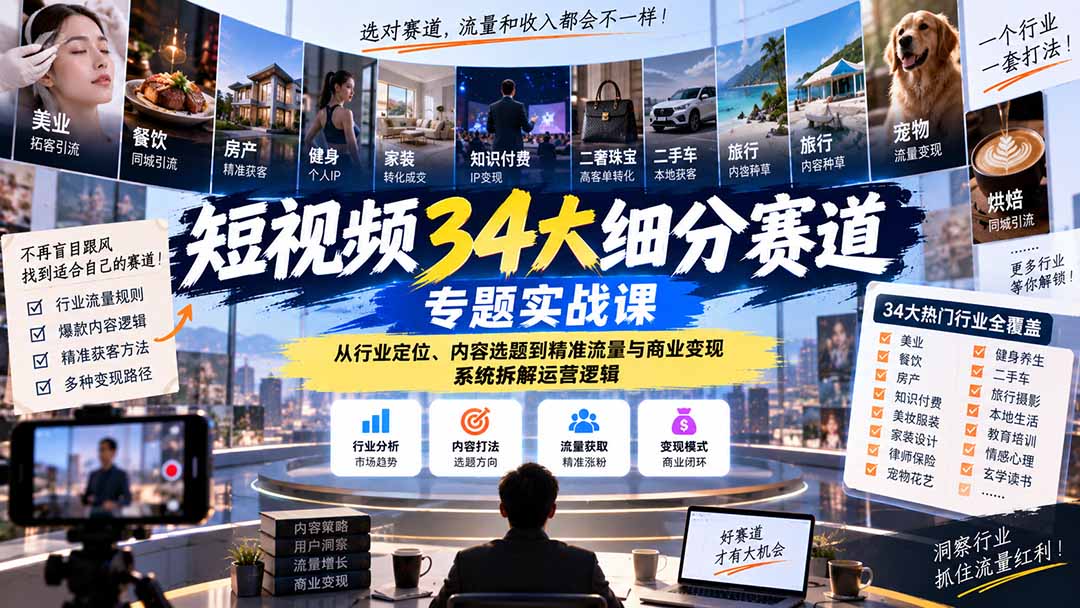 短视频34大细分赛道专题实战课:从行业定位、内容选题到精准流量与商业变现,系统拆解运营逻辑-副业网创