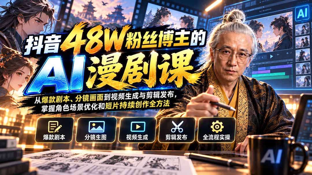 抖音48W粉丝博主的AI漫剧课:从爆款剧本、分镜画面到视频生成与剪辑发布,掌握角色场景优化和短片持续创作全方法-副业网创