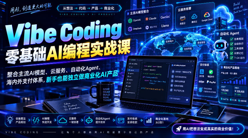 Vibe Coding零基础AI编程实战课-无水印,整合主流AI模型、云服务、自动化Agent、海内外支付体系,新手也能独立做商业化AI产品-副业网创