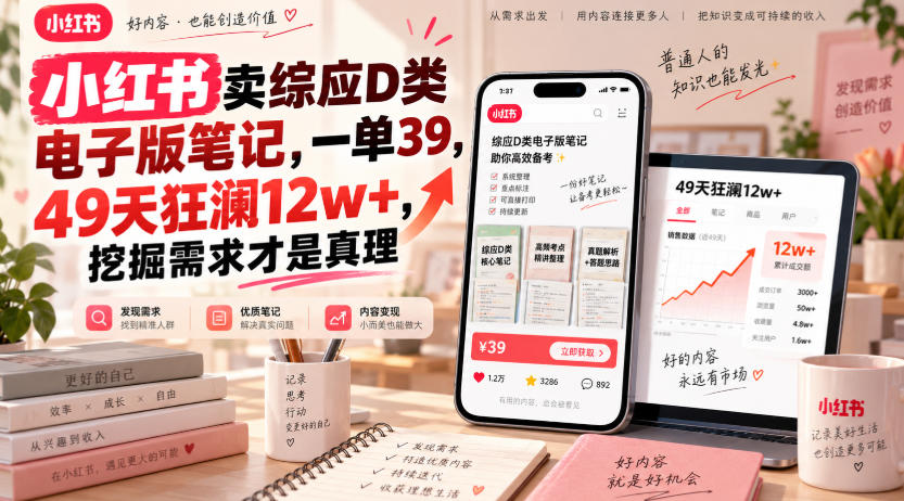 小红书卖综应D类电子版笔记，一单39，49天狂澜12w+，挖掘需求才是真理-副业网创