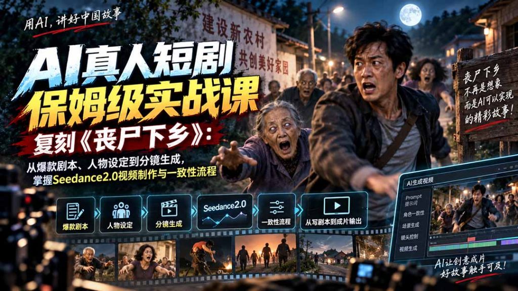 AI真人短剧保姆级实战课，复刻《丧尸下乡》：从爆款剧本、人物设定到分镜生成，掌握Seedance2.0视频制作与一致性流程-副业网创