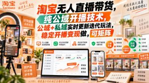 淘宝无人直播带货，纯公域开播技术，公域+私域实时更新迭代玩法，稳定开播变现做，可矩阵【揭秘】-副业网创