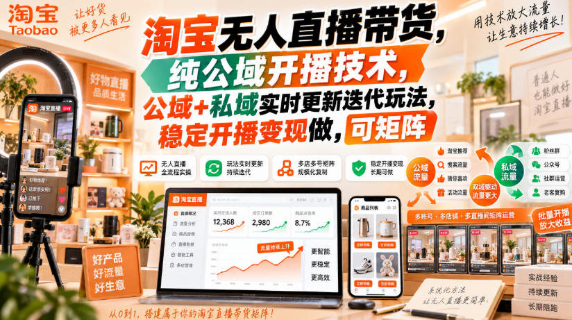淘宝无人直播带货，纯公域开播技术，公域+私域实时更新迭代玩法，稳定开播变现做，可矩阵【揭秘】-副业网创