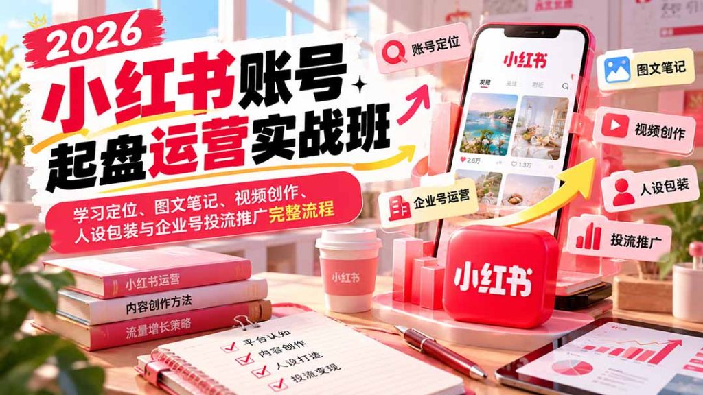 2026小红书账号起盘运营实战班：学习定位、图文笔记、视频创作、人设包装与企业号投流推广完整流程-副业网创