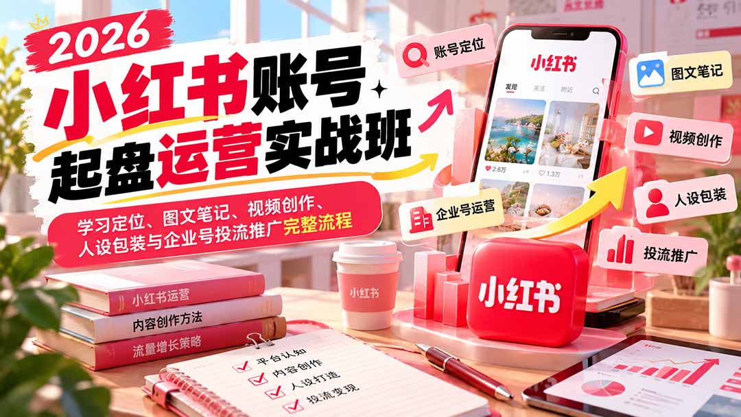2026小红书账号起盘运营实战班：学习定位、图文笔记、视频创作、人设包装与企业号投流推广完整流程-副业网创