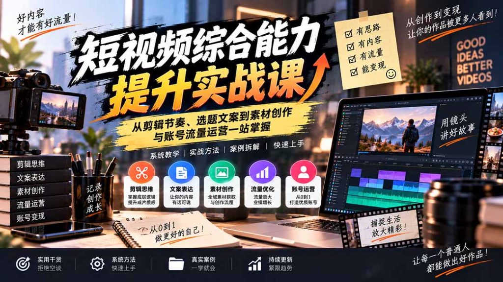 短视频综合能力提升实战课：从剪辑节奏、选题文案到素材创作与账号流量运营一站掌握-副业网创