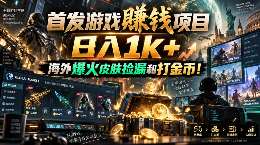 首发游戏賺钱项目，日入1k+，海外爆火皮肤捡漏和打金币！【揭秘】-副业网创