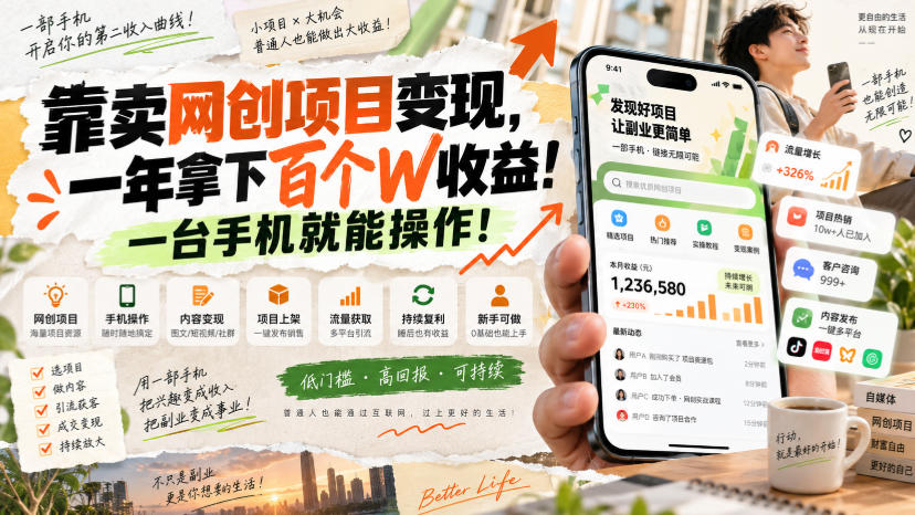 网创小程序虚拟资料变现，一年拿下百万收益，一部手机就可以做，0成本变现副业！-副业网创
