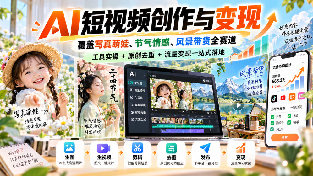 AI短视频创作与变现，覆盖写真萌娃、节气情感、风景带货全赛道，工具实操+原创去重+流量变现一站式落地-副业网创