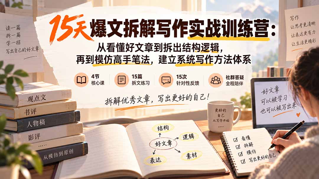 15天爆文拆解写作实战训练营:从看懂好文章到拆出结构逻辑,再到模仿高手笔法,建立系统写作方法体系-副业网创