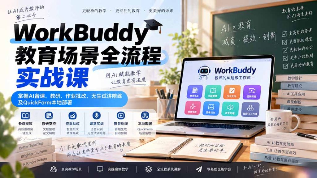 WorkBuddy教育场景全流程实战课：掌握AI备课、教研、作业批改、无生试讲陪练及QuickForm本地部署-副业网创