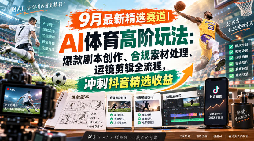 某大佬的9月最新精选赛道之AI体育顶级玩法，爆款剧本创作、版权规避、运镜剪辑全流程，稳拿抖音精选收益-副业网创