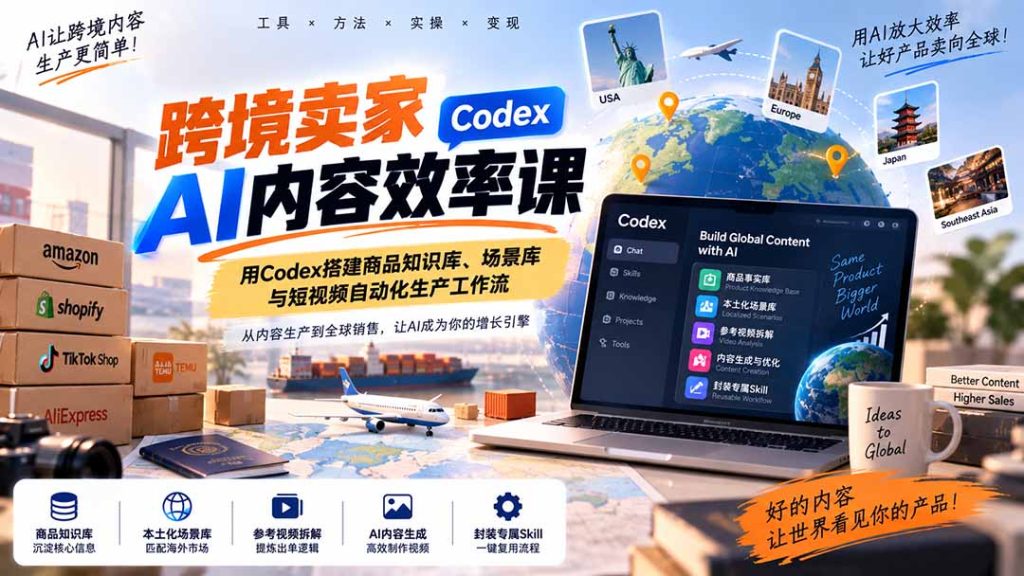 跨境卖家AI内容效率课:用Codex搭建商品知识库、场景库与短视频自动化生产工作流-副业网创