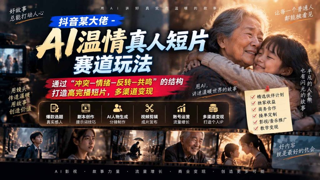 抖音某大佬-AI温情真人短片赛道玩法:通过“冲突—情绪—反转—共鸣”的结构打造高完播短片,多渠道变现-副业网创