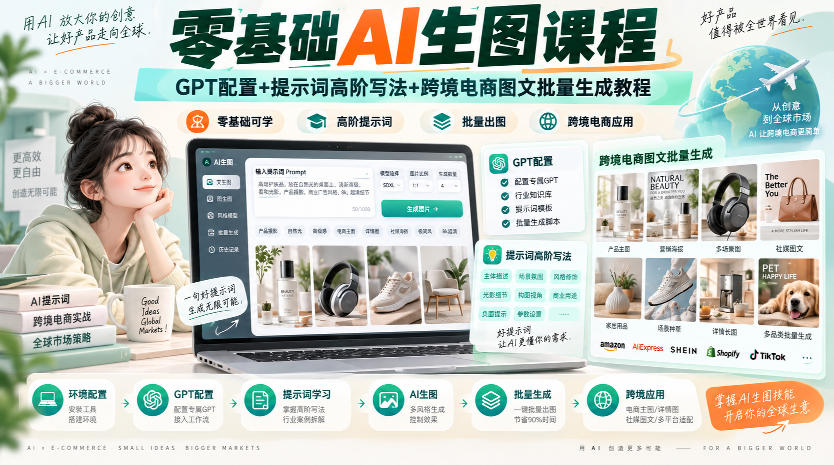 零基础AI生图课程，GPT配置+提示词高阶写法+跨境电商图文批量生成教程-副业网创