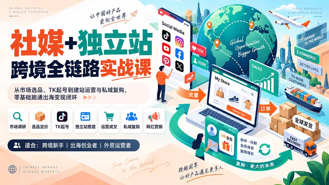 社媒+独立站跨境全链路实战课:从市场选品、TK起号到建站运营与私域复购,零基础跑通出海变现闭环-副业网创