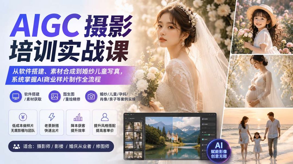 AIGC摄影培训实战课:从软件搭建、素材合成到婚纱儿童写真,系统掌握AI商业样片制作全流程-副业网创