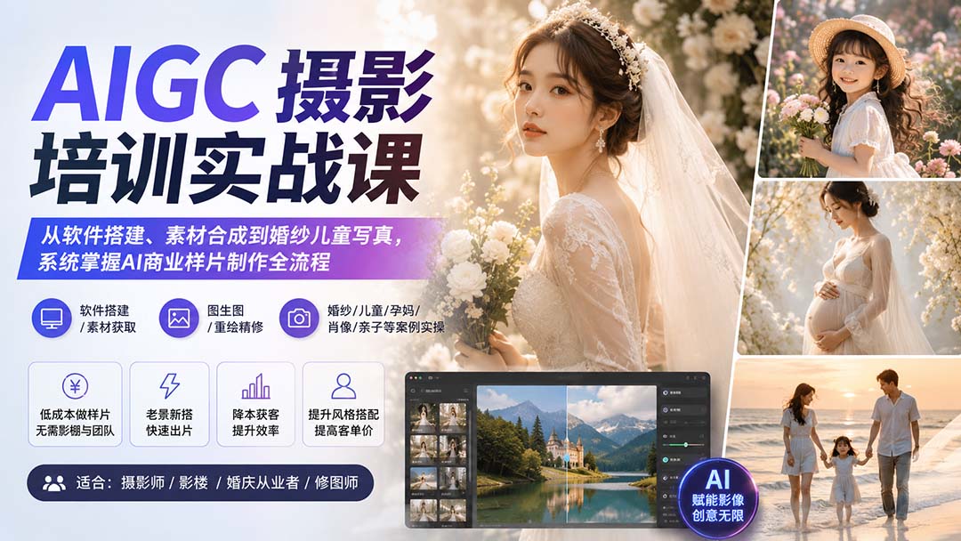AIGC摄影培训实战课：从软件搭建、素材合成到婚纱儿童写真，系统掌握AI商业样片制作全流程-副业网创