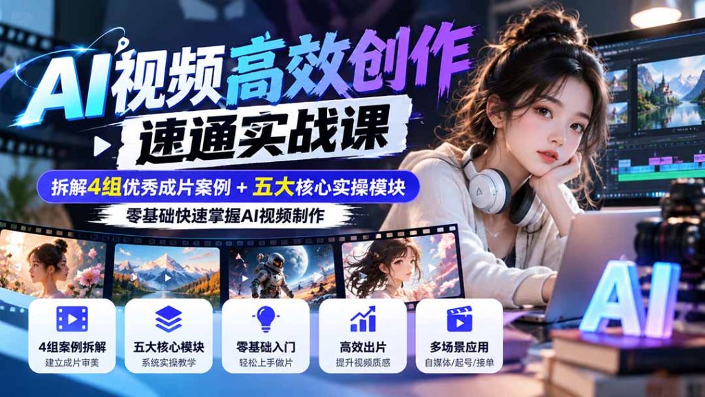 【无水印】AI视频高效创作速通实战课:拆解4组优秀成片案例+五大核心实操模块,零基础快速掌握AI视频制作-副业网创