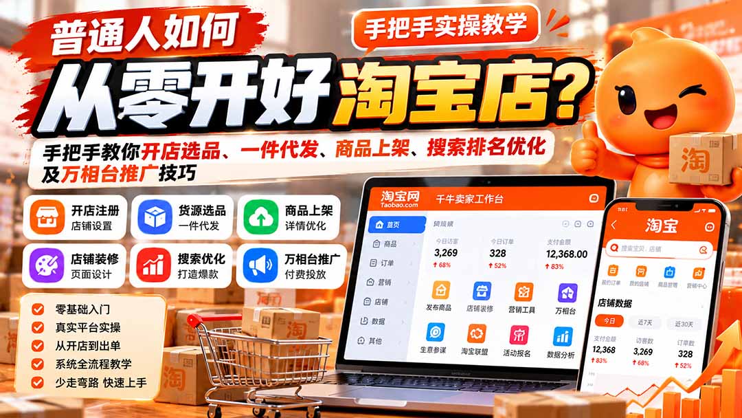 普通人如何从零开好淘宝店?手把手教你开店选品、一件代发、商品上架、搜索排名优化及万相台推广技巧-副业网赚