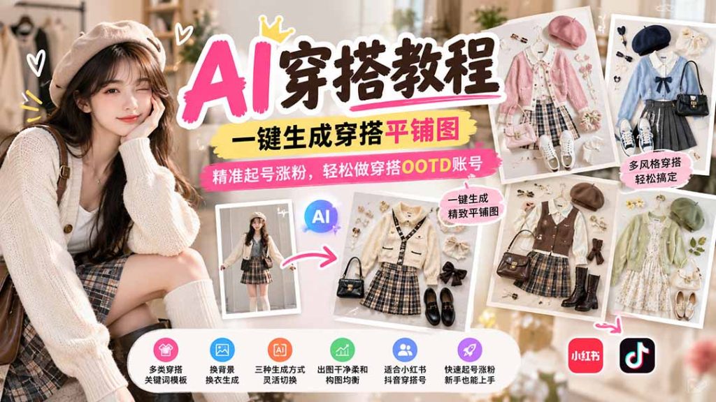 【无水印】AI穿搭教程｜一键生成穿搭平铺图，精准起号涨粉，轻松做穿搭OOTD账号-副业网赚