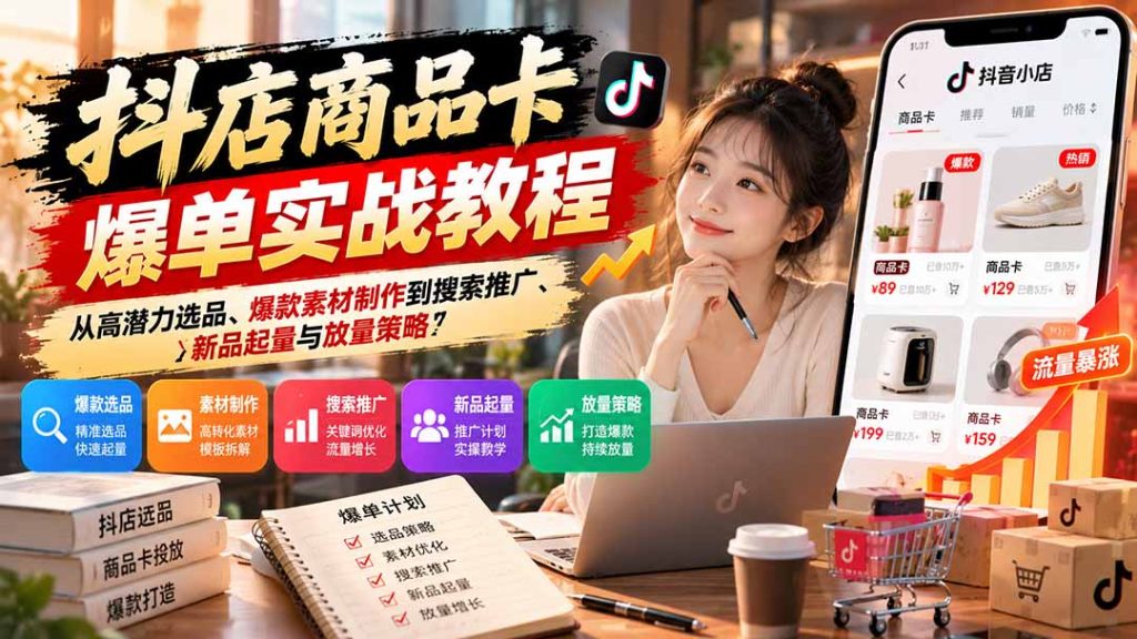 抖店商品卡爆单实战教程：从高潜力选品、爆款素材制作到搜索推广、新品起量与放量策略-副业网赚