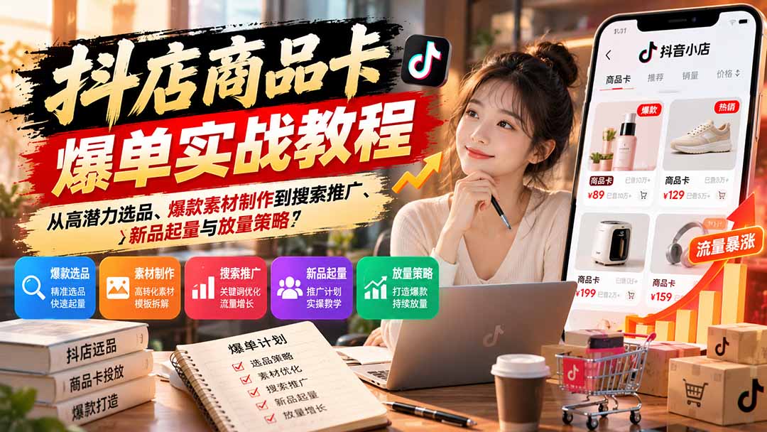 抖店商品卡爆单实战教程:从高潜力选品、爆款素材制作到搜索推广、新品起量与放量策略-副业网赚